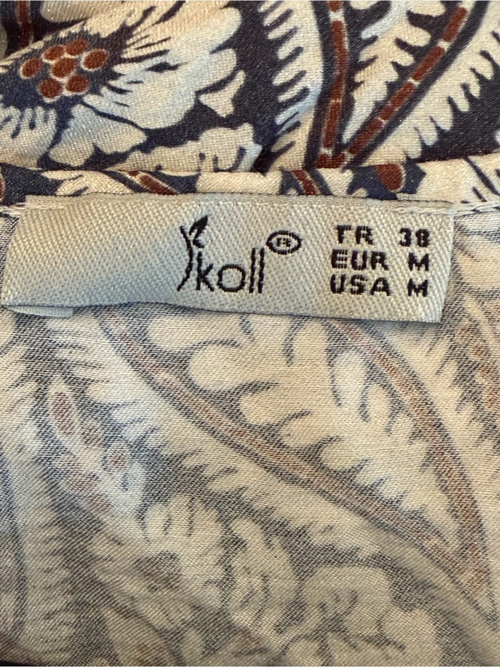IKOLL Boho Paisley Floral Midi Dress Blue Ivory Long Sleeve Tie Neck Size Medium - Picture 9 of 11